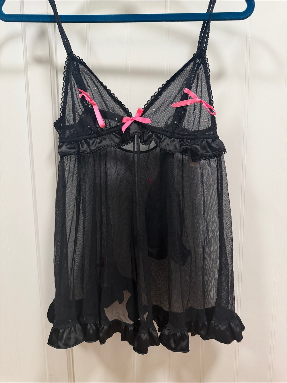 Victoria's Secret Black Sheer Babydoll Chemise with Pink Bows